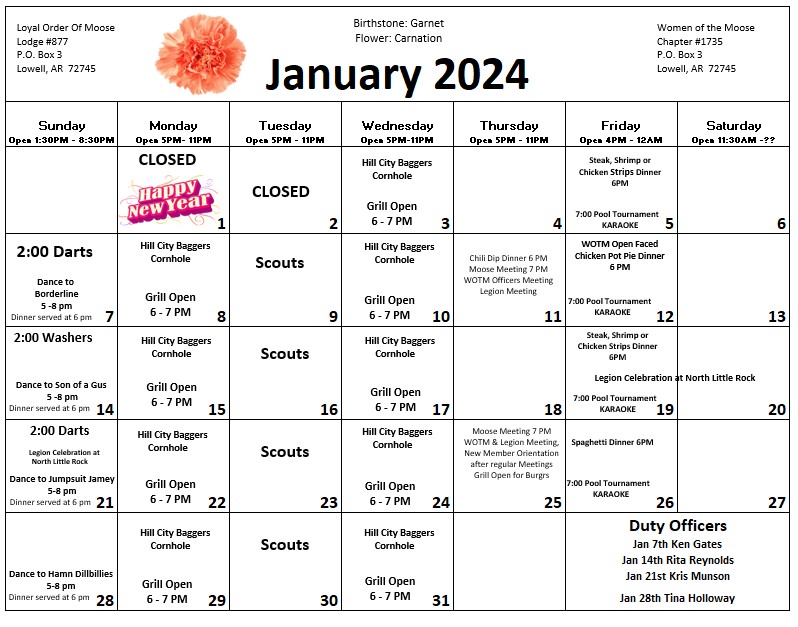 moose lodge calendar of events
